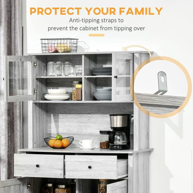 HOMCOM 63.5" Kitchen Buffet with Hutch, Pantry Storage Cabinet with 4 Shelves, Drawers, Framed Glass Doors