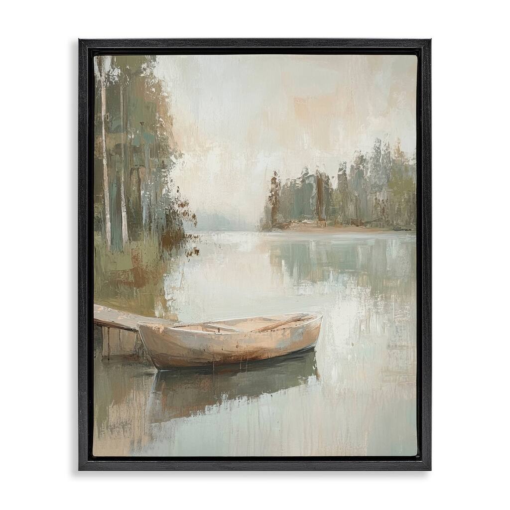 Stupell Canoe at Quiet Dock Framed Floater Canvas Wall Art Design By Petal Prints Design
