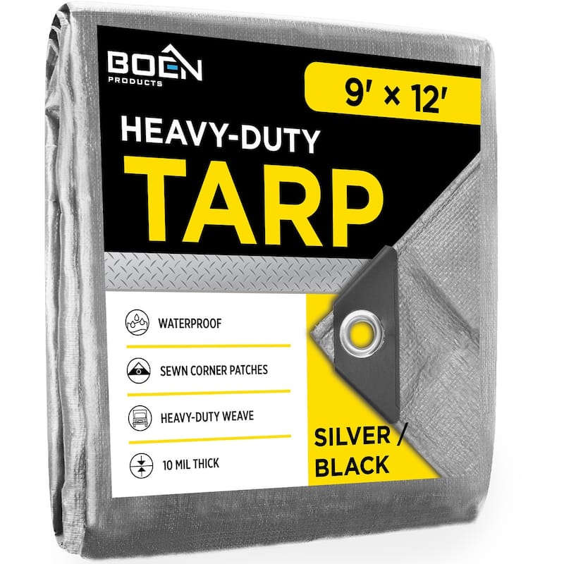 Boen 9 x 12 Silver/Black Heavy-Duty Polyethylene Tarps