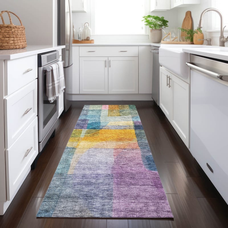 Machine Washable Indoor/ Outdoor Contemporary Abstract Chantille Rug - Blue - 2'3" x 7'6"