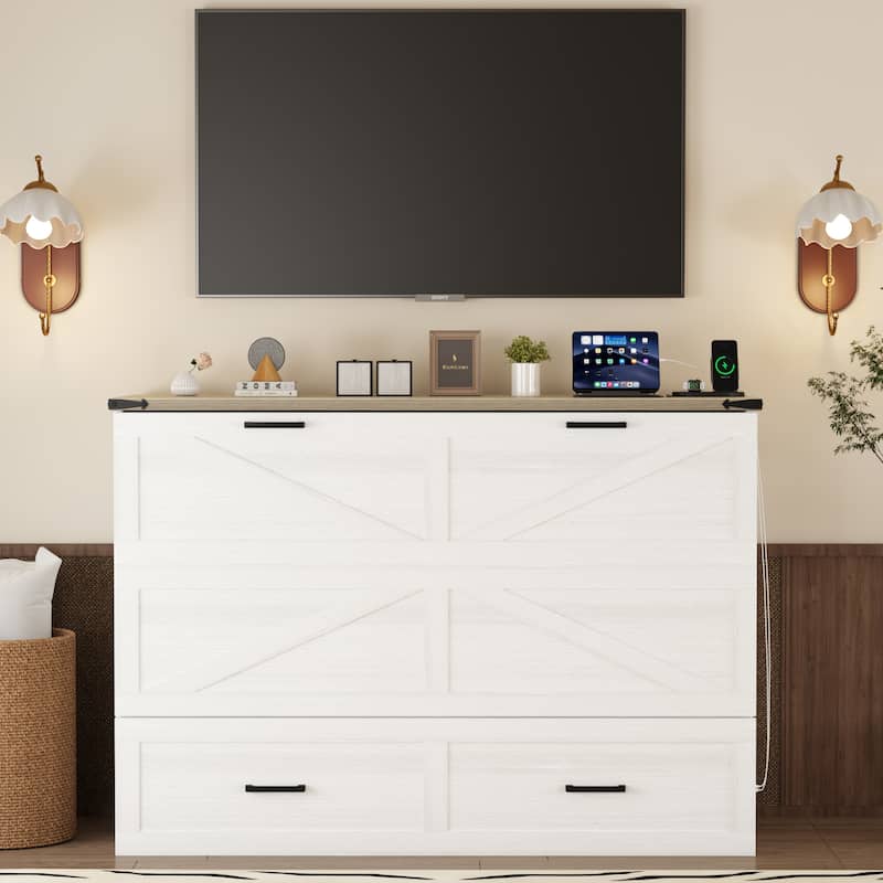 Wood Queen/Full Size Farmhouse Murphy Cabinet Bed with Charging Station