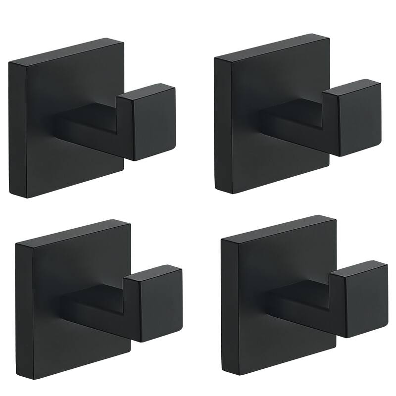 Wall Mounted 4-Piece Towel Hook Square Robe Hooks in Stainless Steel - Black