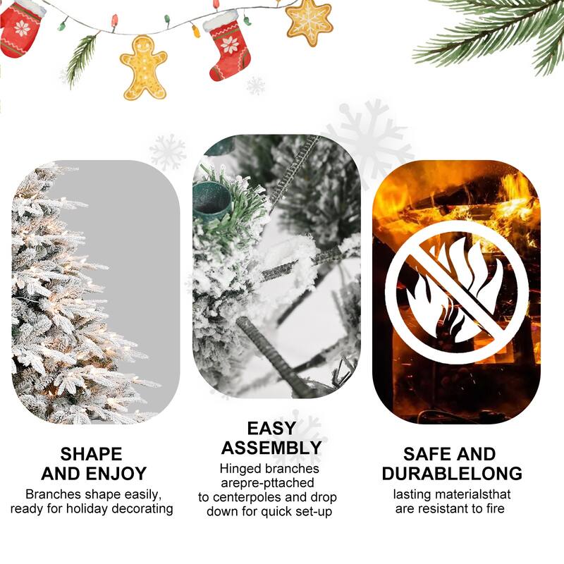 4ft Pre-Lit Flocked Christmas Tree with 150 Incandescent Lights,Hinged Pine with Memory Wire Branches,Foldable Metal Stand