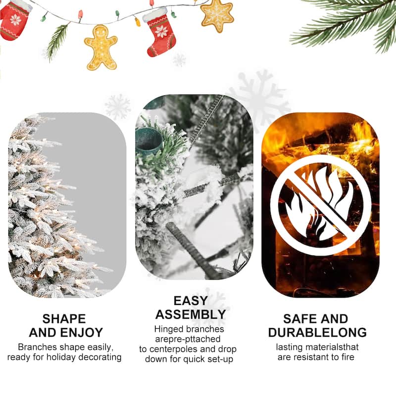 6ft Pre-Lit Flocked Christmas Tree with 400 Incandescent Lights, 1931 Tips, Snowy Hinged Pine with Partial Memory Wire Branches