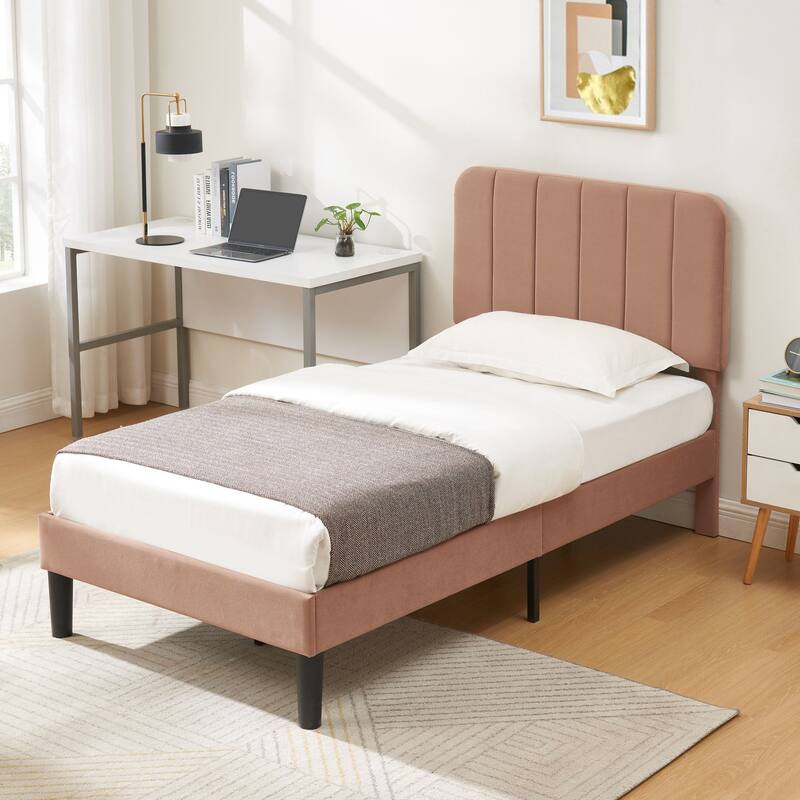 VECELO Velvet Upholstered Bed Frame with Vertical Channel Tufted Headboard, Adjustable Headboard, Wooden Slats Support