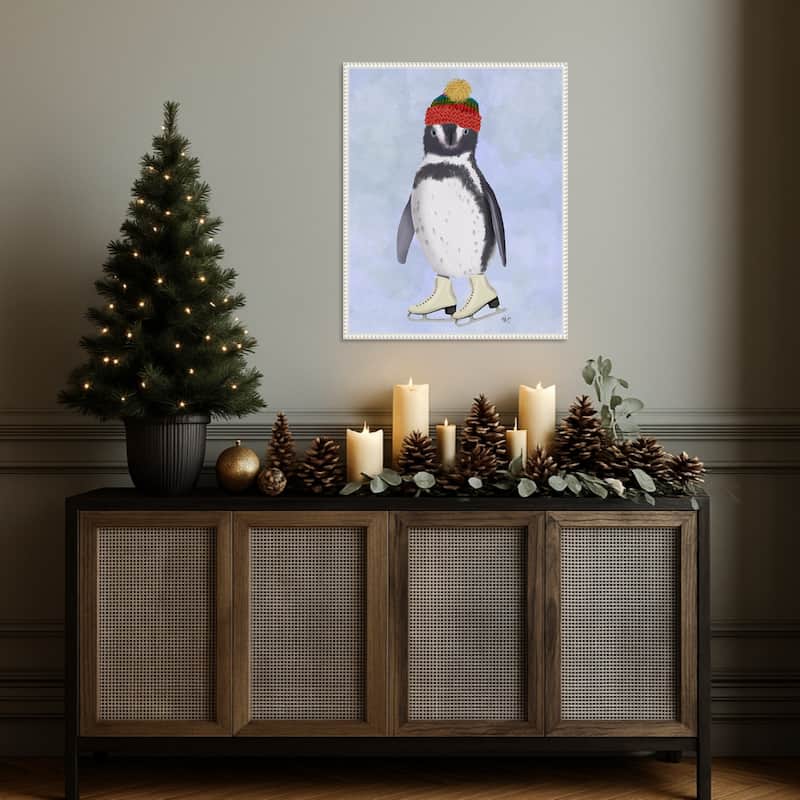 Penguin Ice Skating by Fab Funky (23 x 28 in.), Framed Canvas Wall Art Print - Sylvie Beaded White