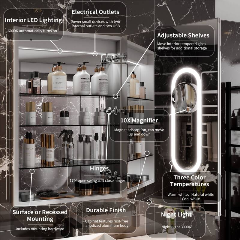 24*36 inch Bathroom LED Backlit Medicine Cabinet with Stepless Dimming & Anti-Fog