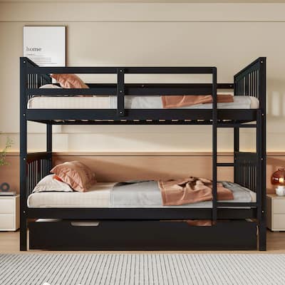 Espresso Full over Full Bunk Bed with Trundle, Ladder and Guardrails - Detachable Bunk Bed Convertible 2 Full Size Beds