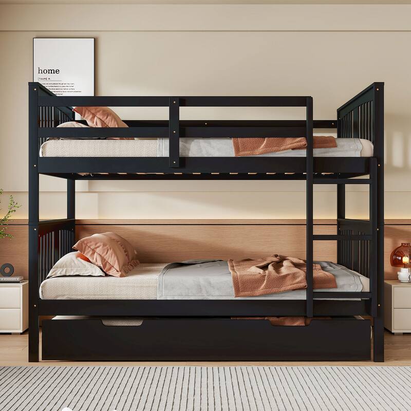 Full Size Wood Bunk Bed with Twin Size Trundle and Ladder, Divided Into 2 Individual Beds, Full Over Full Bunk Bed Frame - Espresso - Full