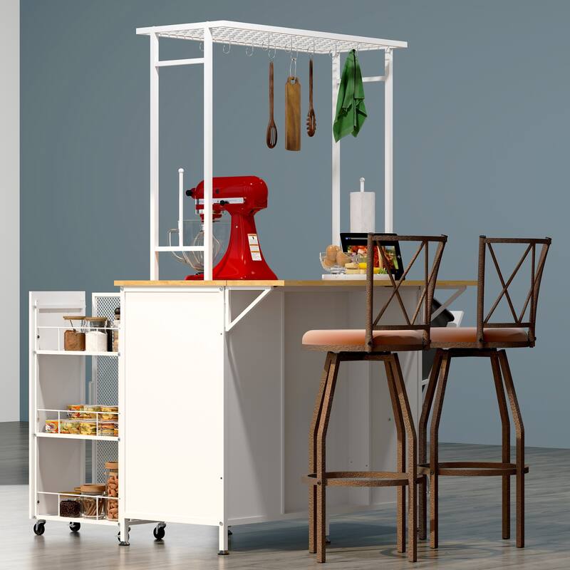 Rolling Kitchen Island Large Storage Cabinet with Folding Flip-Up Panel, Metal Coffee Bar Table Organizer Workstation w/ Drawers