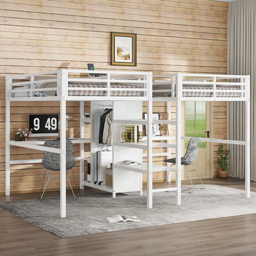 Twin Over Twin Metal Loft Bed with Double Desk, Wardrobe, Shelves & Electrical Outlet for Space Saving and Noise Reduction