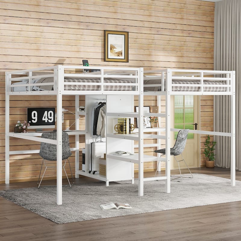 Twin Over Twin Metal Loft Bed with Double Desk, Wardrobe & Shelves