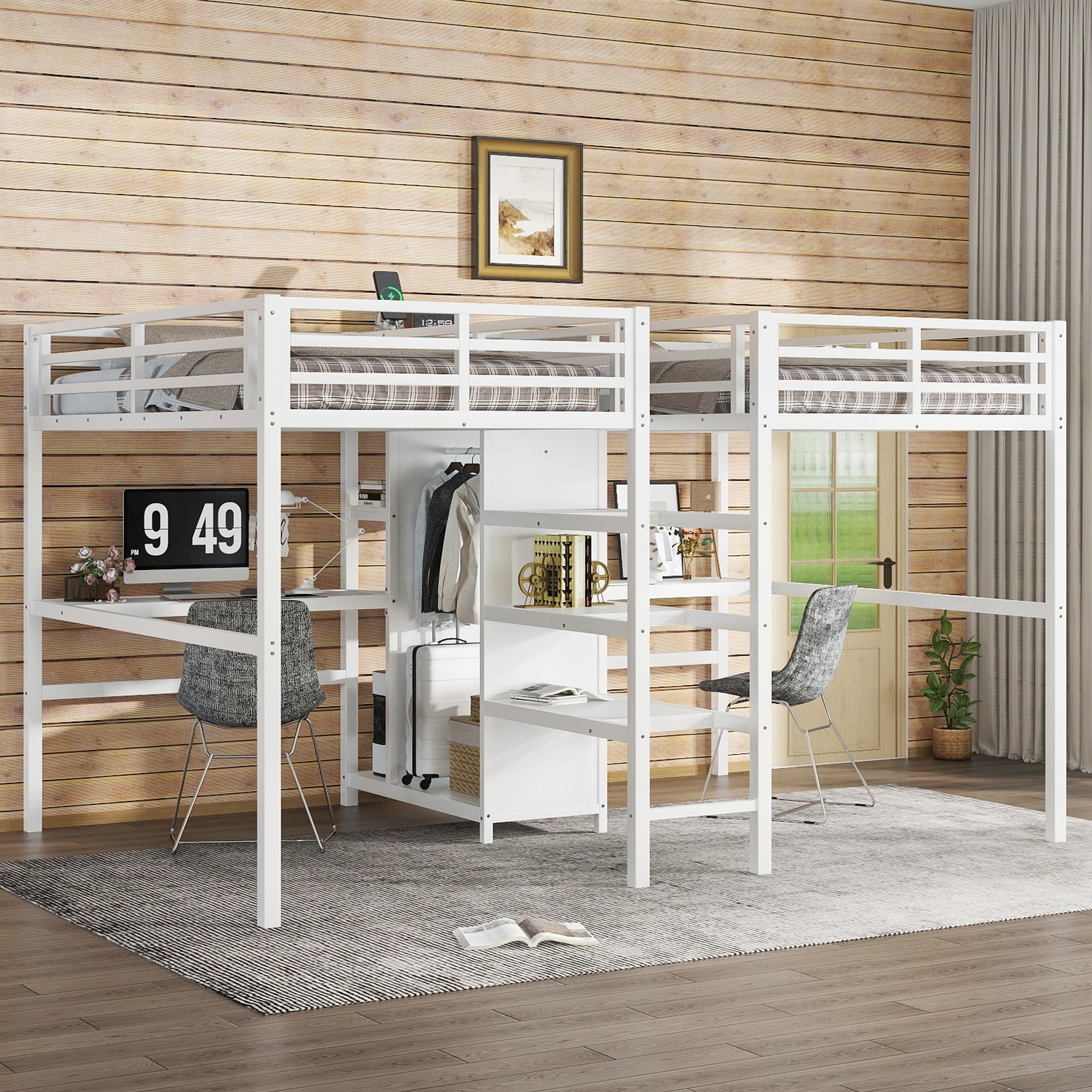 Twin Over Twin Metal Loft Bed with Double Desk and Wardrobe and Shelves with Electrical Outlet and Noise Reduction