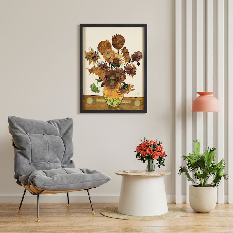 "Sunflower Embrace" Alex Zeng's Signed Hand-made Dimensional Wall Art Collage, under glass with frame