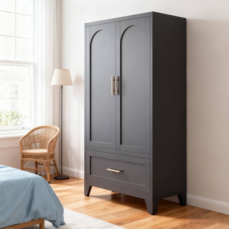 60" Tall Metal Wardrobe Cabinet with Drawer, Hanging Rod & Shelf, 2-Door Closet