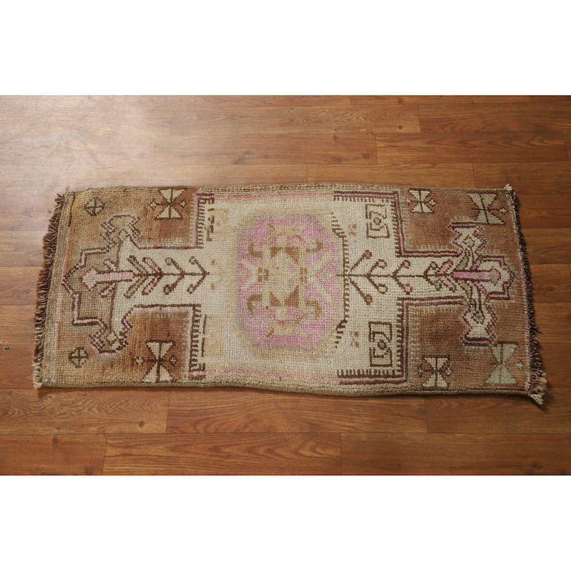 Tribal Anatolian Oriental Foyer Rug Handmade Geometric Wool Carpet - 1'6" x 3'1"