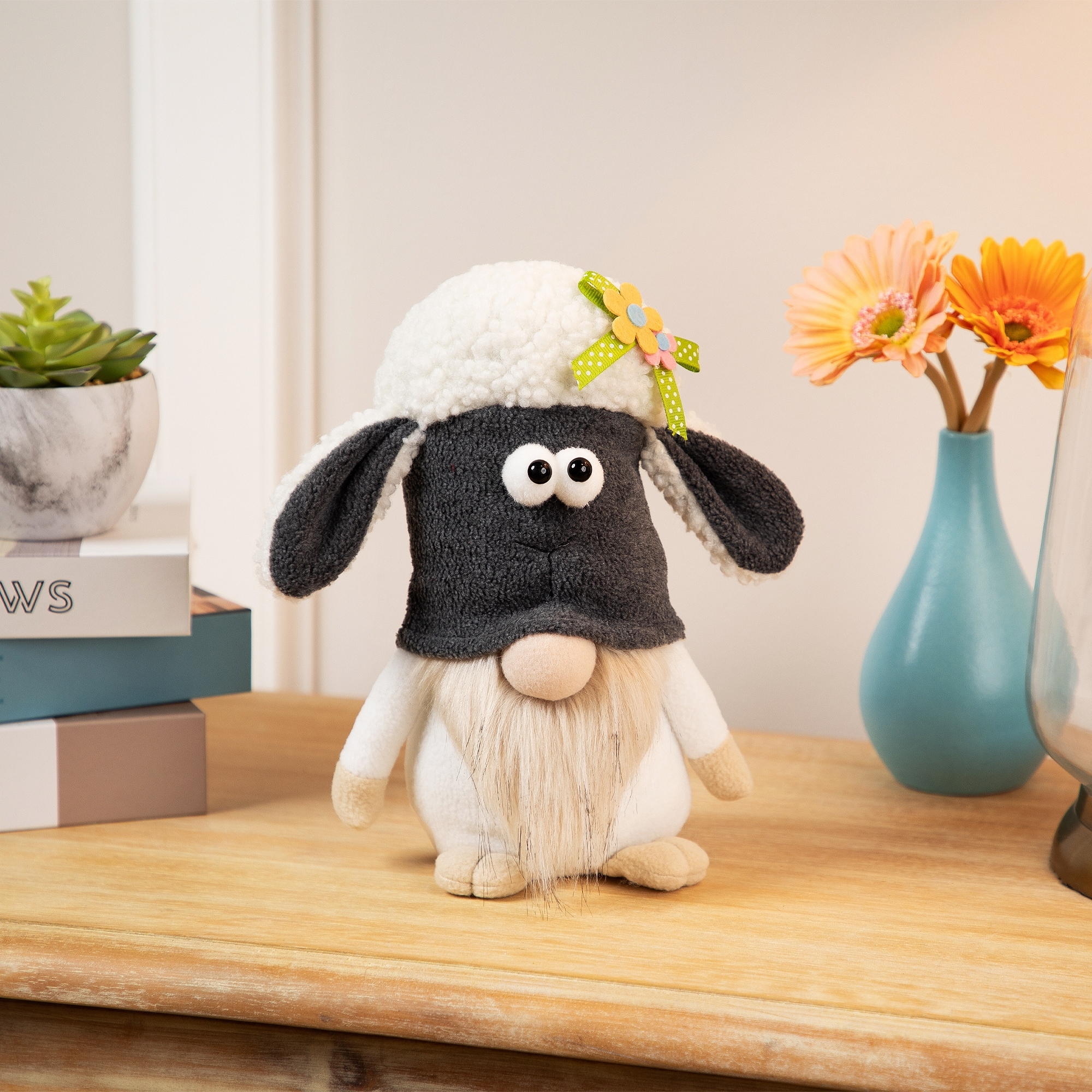 Plush Floral Sheep Gnome Easter Decoration - 9" - Tan and Gray