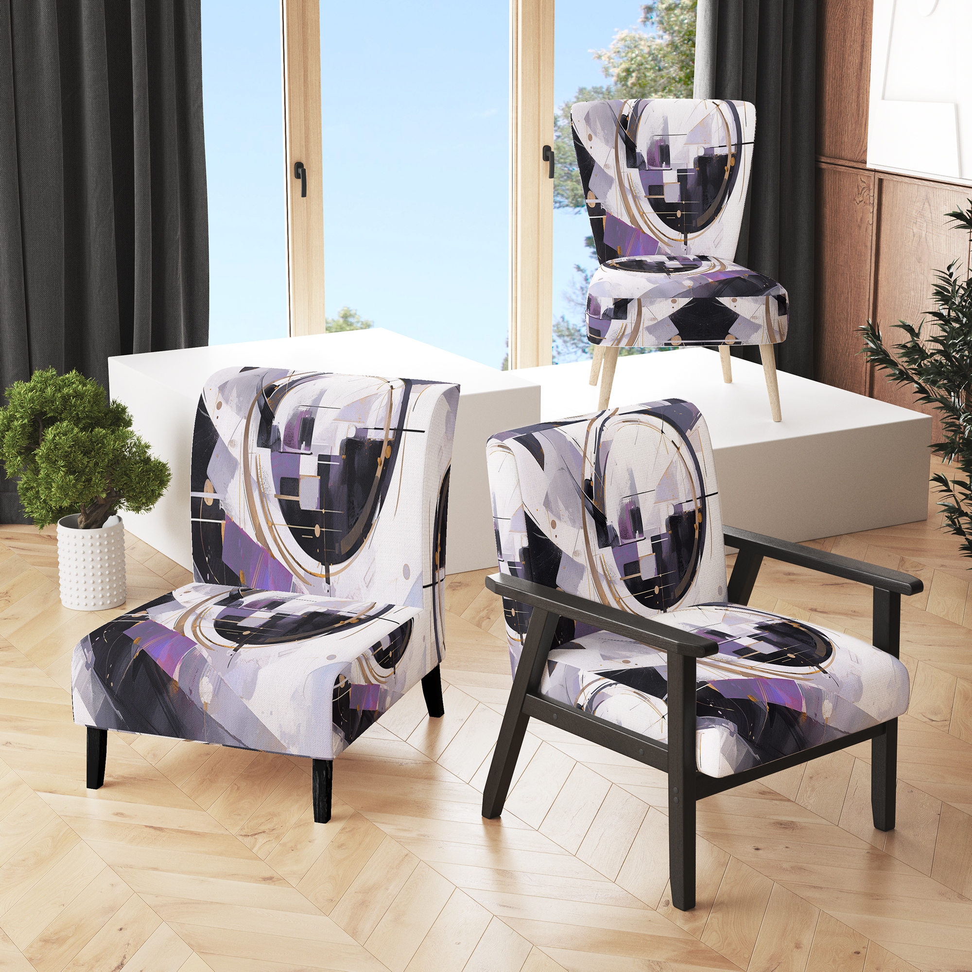 Designart Purple Black Multifaceted Whirls Upholstered Cubism Accent Chair and Modern Contemporary Arm Chair