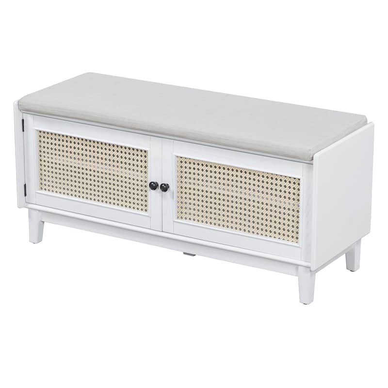 Rattan Entryway Bench with Storage, Cushioned Shoe Bench with Double Doors, Wooden Shoe Organizer Bench for Entryway