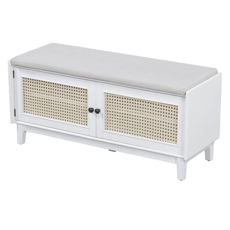 Roomfitters Entryway Storage Bench, Boho Rattan Cabinet, Hallway Organizer Seat with Cushion
