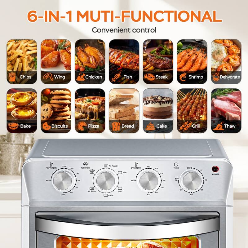 27.5QT Air Fryer Oven, 6-in-1 Countertop Convection Oven with Dehydrate, 1600W, 4 Knob Control