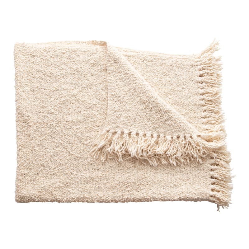 Cotton Blend Bouclé Throw with Fringe, Cream Color