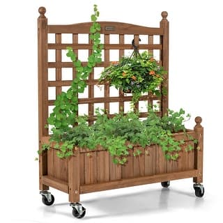 Costway 32in Wood Planter Box w/Trellis Mobile Raised Bed for Climbing