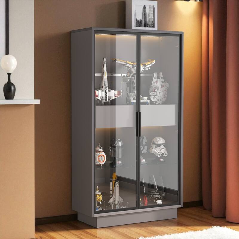 60.6" Modern Display Cabinet with Glass Doors, LED Lights, Adjustable Shelves and 2 Storage Drawers