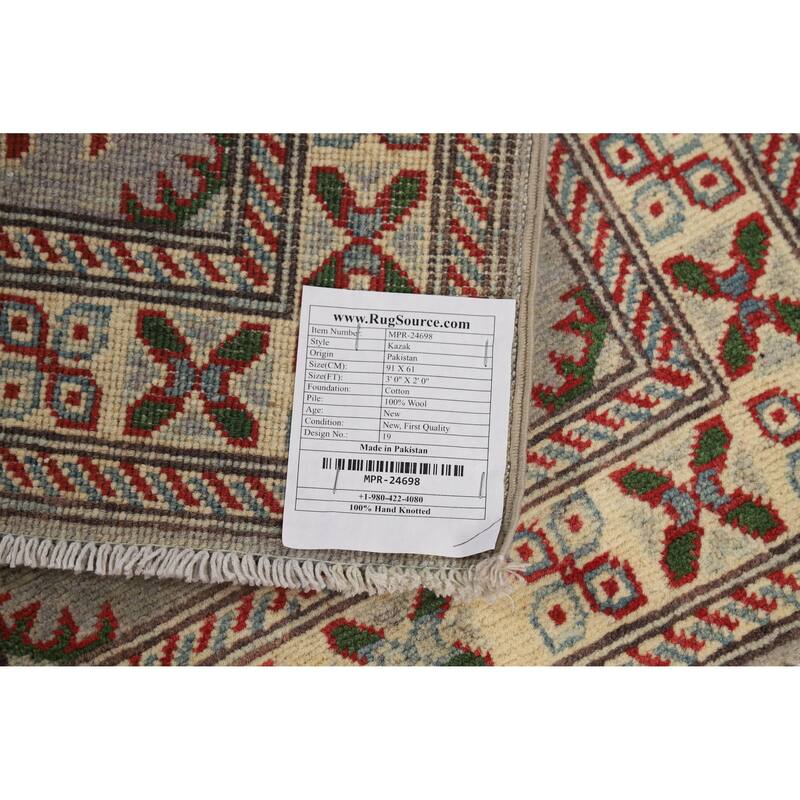Gray Geometric Kazak Accent Foyer Rug Hand-Knotted Wool Carpet - 2'0"x 3'0"