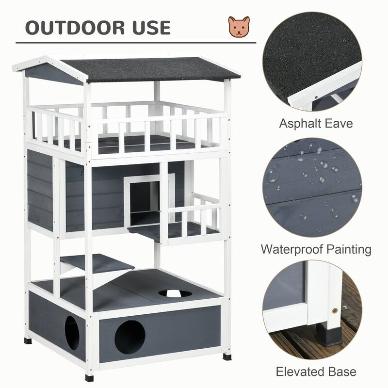 Wooden Outdoor Cat House, Feral Cat Shelter Kitten Tree with Asphalt Roof, Escape Doors, Condo, Jumping Platform - Grey