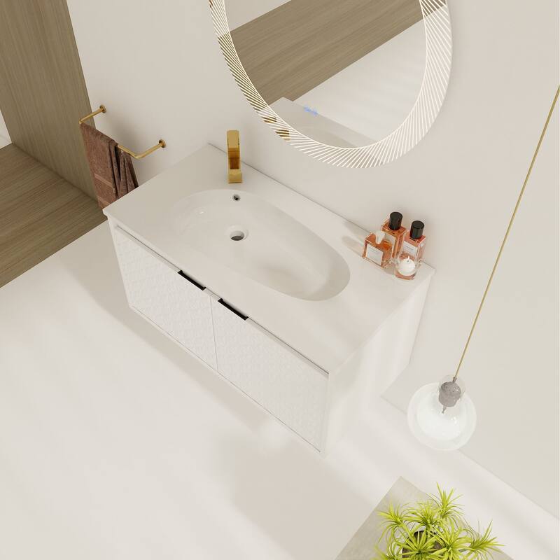 30/ 36 inch Wall Mounted Bathroom Vanity Set in White with Integrated Resin Sink