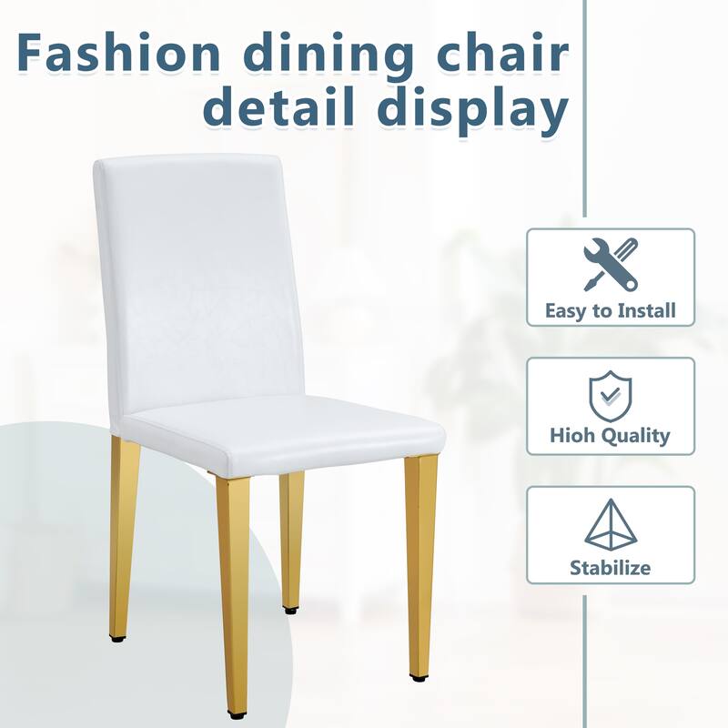 4 White PU dining chairs,Golden Metal Legs.Simple and versatile, comfortable and accompanied