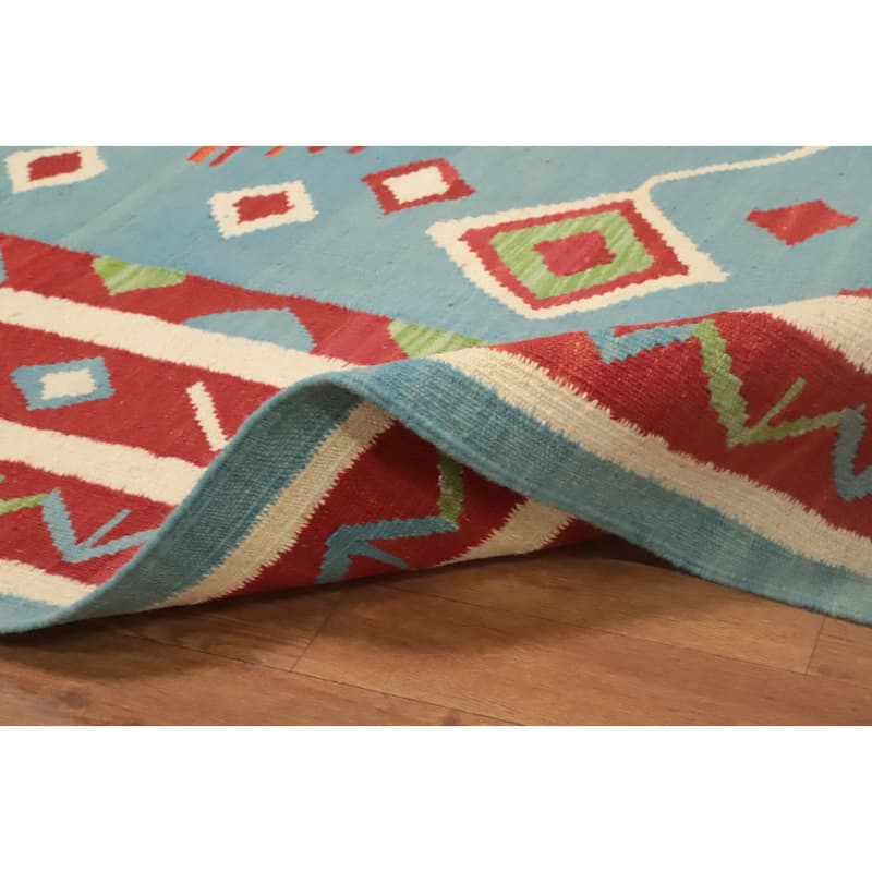 Hand Woven Oriental 100% Wool Carpet Southwestern Tribal Navy Blue & Blues Kilim Area Rug - 9' 2'' X 6' 1''