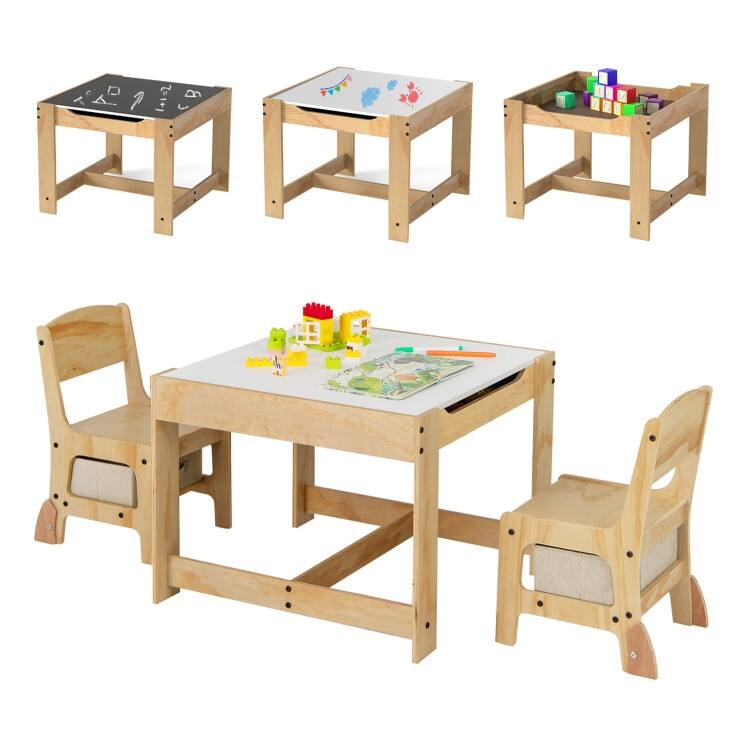 Plywood 3 in 1 Kids Table and Chairs Set with Storage Bins - 24.5" x 24.5" x 19"