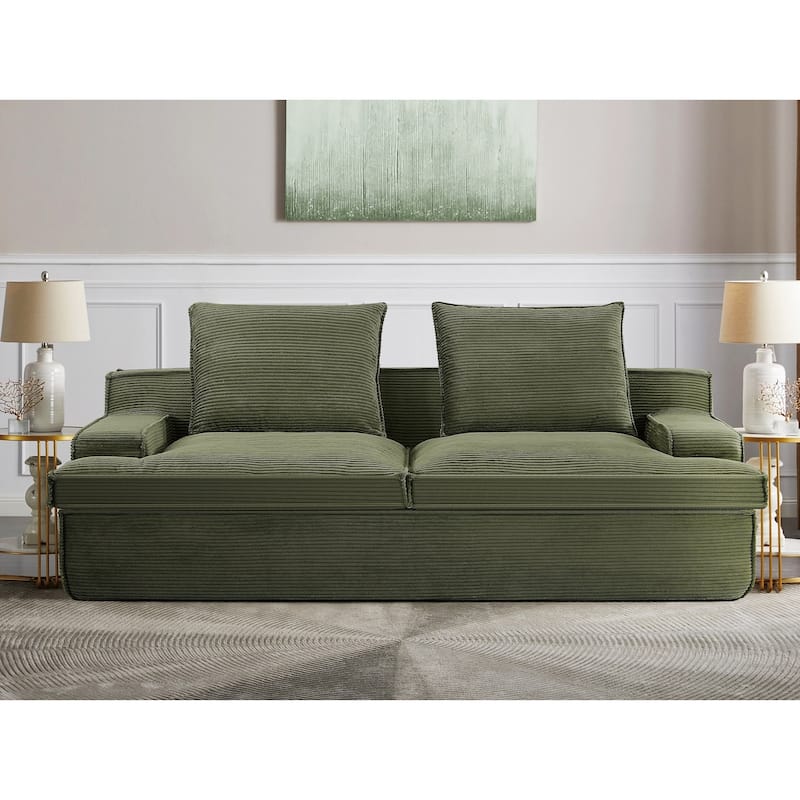 Oversized 4 Seater Green Corduroy Sofa, 91x41x27 inches, No Assembly