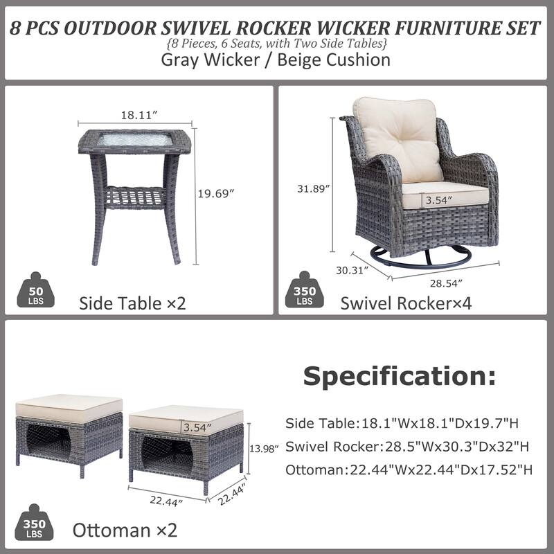 Gray Rattan Outdoor Patio Conversation Sets with Swivel Rocker Chairs