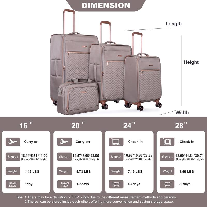Lightweight 4-Piece Softshell Suitcase Set with Terylene Fabric, 360° Spinner Wheels, TSA Lock