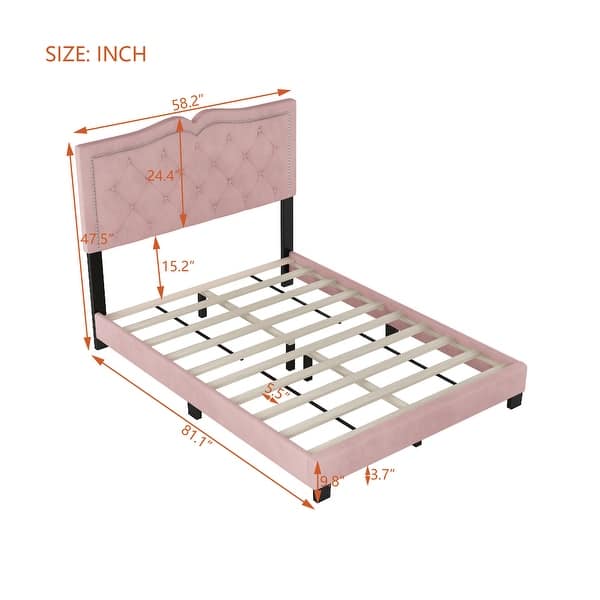 Full Size Upholstered Platform Bed Frame with Tufted Velvet Headboard and Decorative Rivet Accents