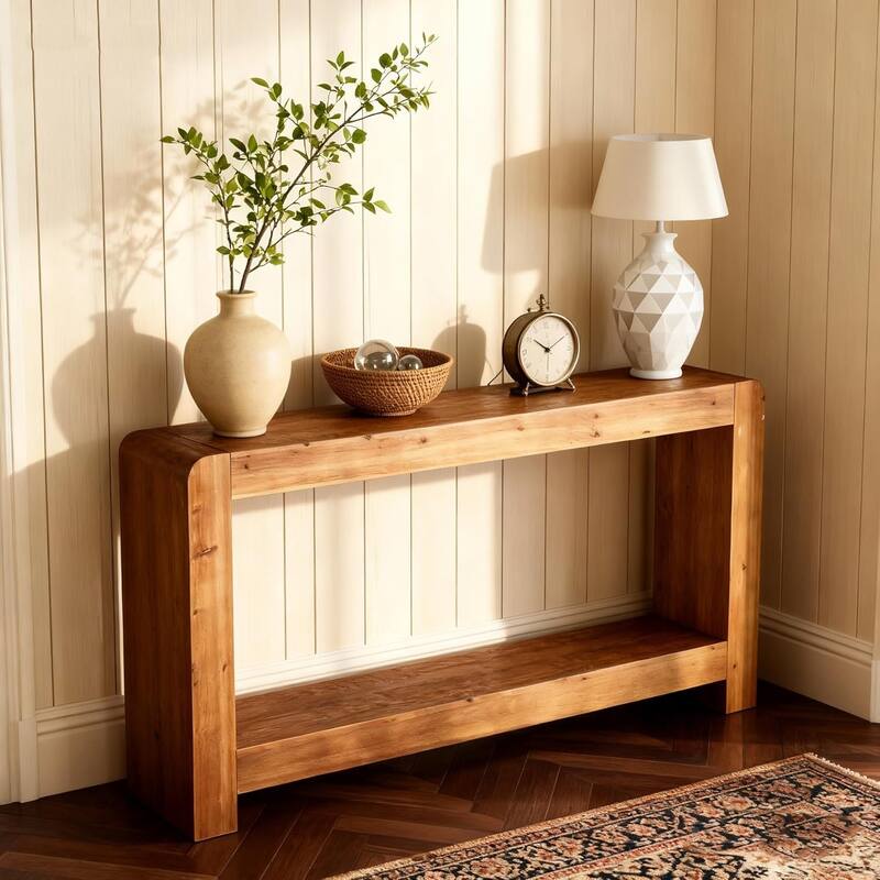 Solid Wood Console Table with Storage, 63-Inch Farmhouse Entryway Table - 62.99" L x 11.81" W x 33.46" H