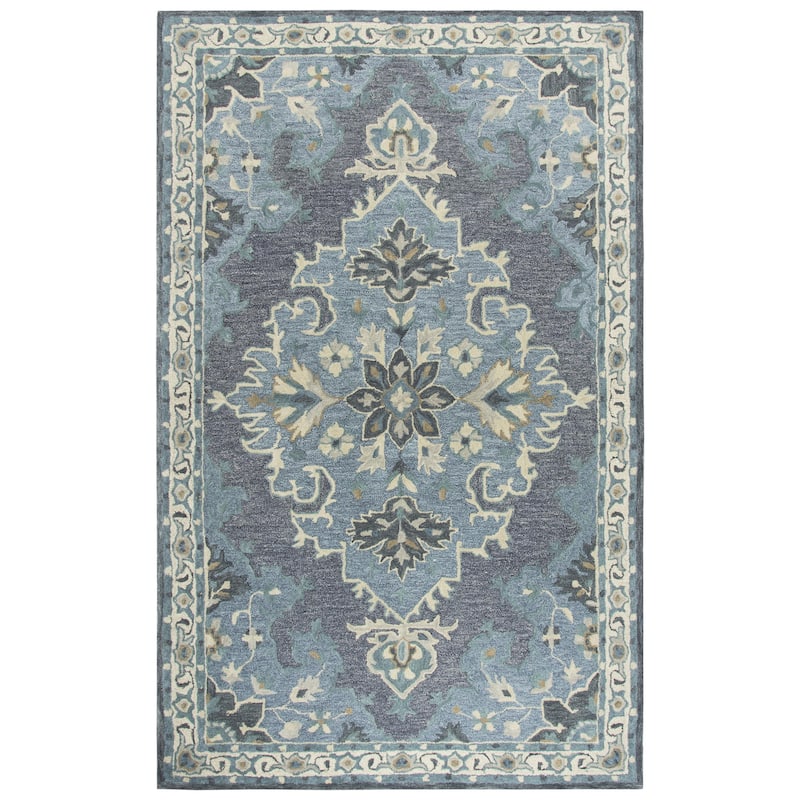 Alora Decor Cascade Blue, Grey, and Ivory Medallion Hand-tufted Wool Rug - 8' x 10' - Dark Gray