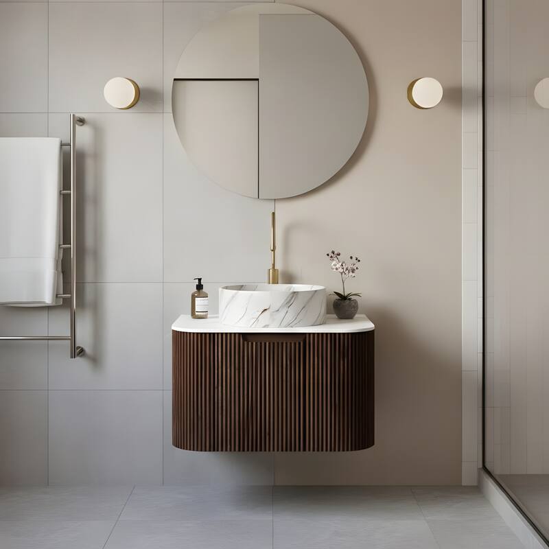 Floating Bathroom with Round Ceramic Basin and Storage Drawer