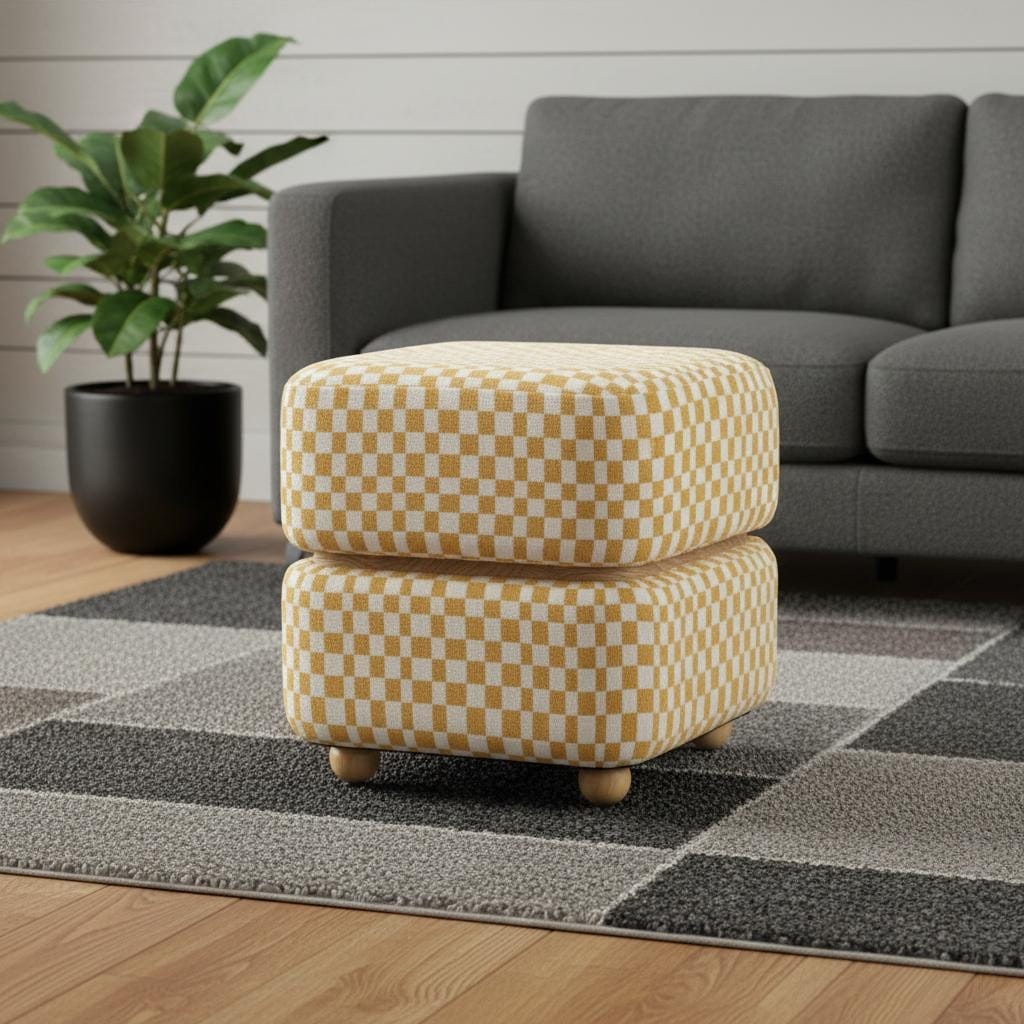 HomeRoots 18" White Yellow And Natural Wood And Upholstery Checkered Ottoman