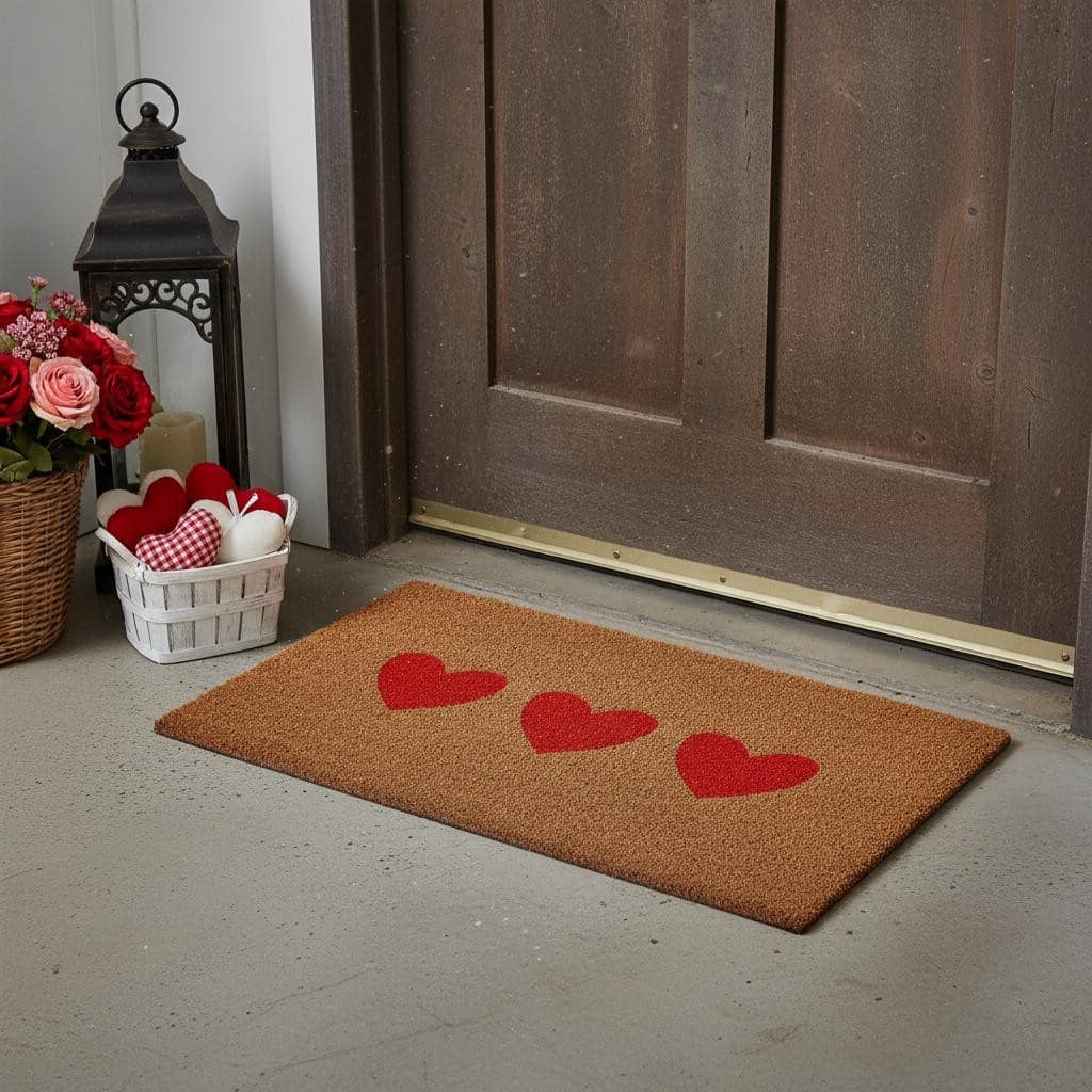 HomeRoots 24" X 36" Brown And Red Three Hearts Outdoor Coir Door Mat - 24.00' X '36.00