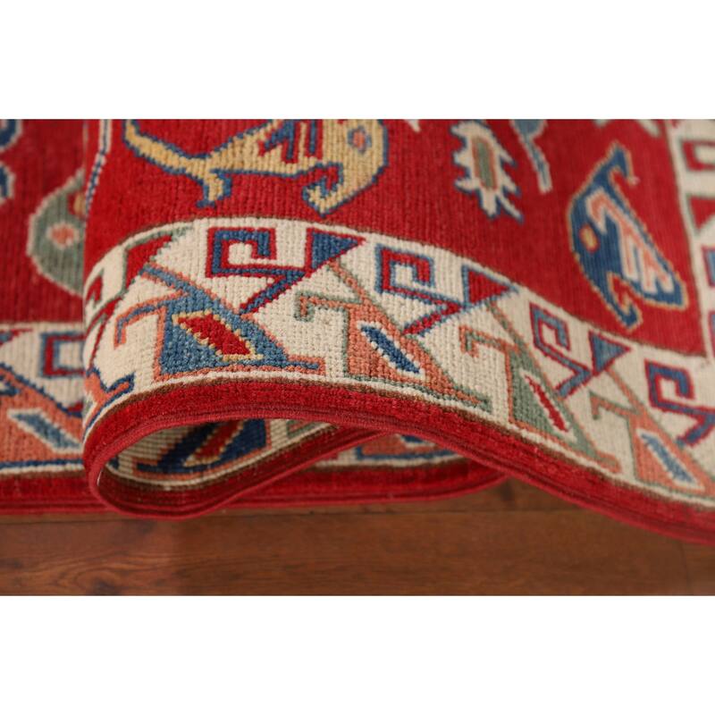 Red Geometric Kazak Oriental Runner Rug Handmade Wool Carpet - 2'7" x 9'8"