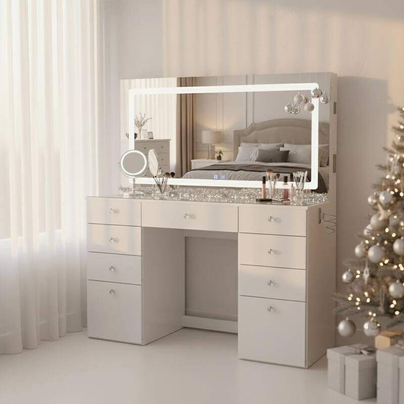Smart Makeup Vanity Desk with LED Lighted Mirror, Bluetooth Speakers, Glass Top & 11 Drawers, White