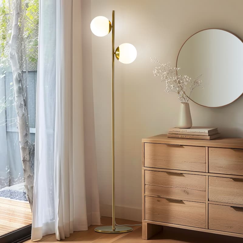 Brightech Sphere 65 in. Antique Brass Modern 2-Light LED Super Bright Floor Lamp with 2 Frosted White Glass Globe Shades