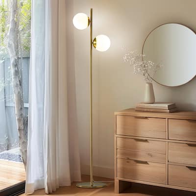 Brightech Sphere 65 in. Antique Brass Modern 2-Light LED Super Bright Floor Lamp with 2 Frosted White Glass Globe Shades