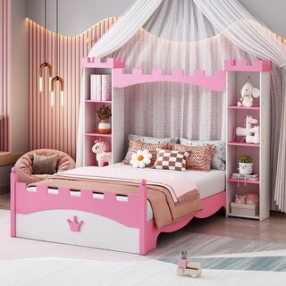 Castle-Shaped Twin Bed with Storage Shelf - Pink & White, Easy Assembly