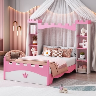Twin Castle-Shaped Platform Bed wShelf, Wood Dreamy Bed,White+Pink