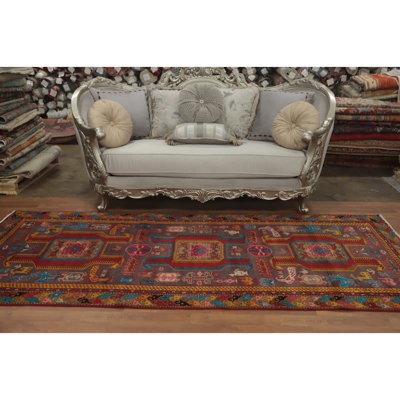 Hand Knotted Oriental 100% Wool Carpet Traditional Tribal Greys & Charcoal Meshkin Runner Rug - 9' 8'' X 4' 0''